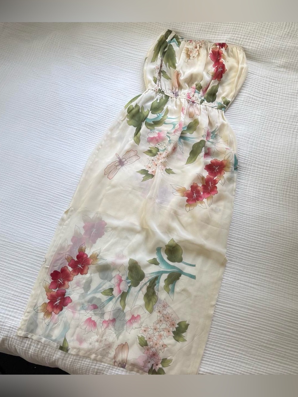 Kite and Butterfly 100% Silk Floral Dragonfly Strapless Maxi Dress XS Boho - Picture 6 of 8